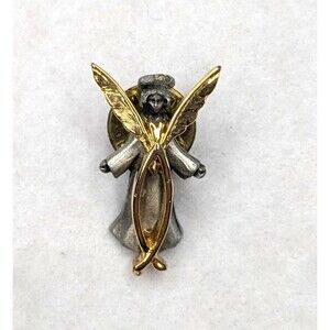 Vintage Brooch Pin Guardian Angel Gold-tone Silver-tone Icthys Fish Symbol